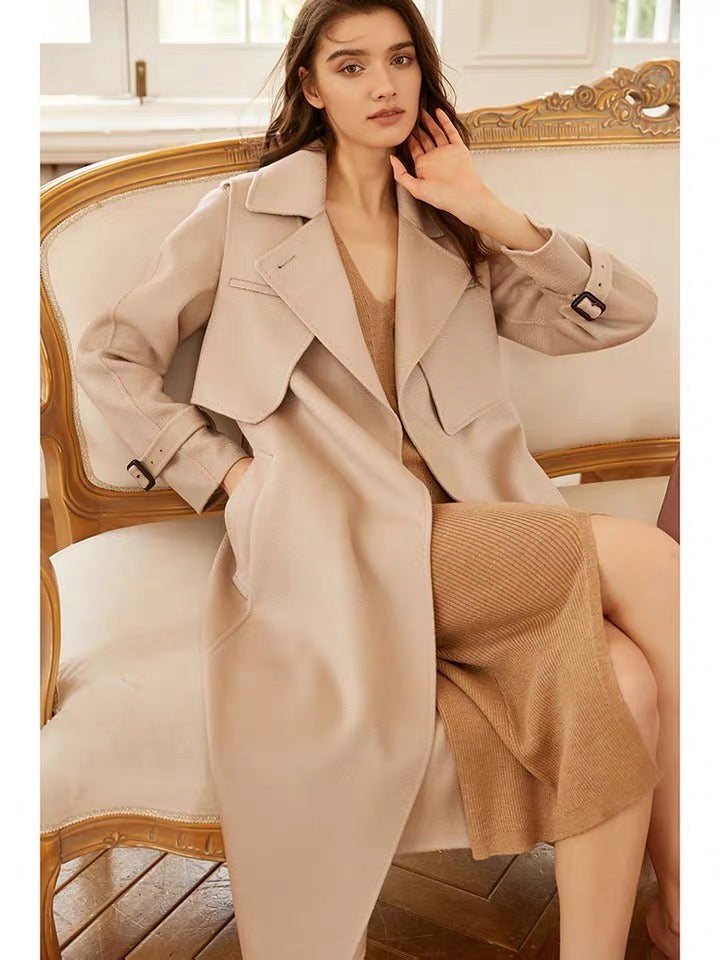 ZABRI High quality women belted wool cashmere trench coat